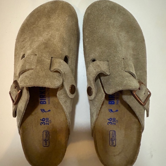 Birkenstock Shoes - Birkenstock Taupe Suede Slip-On Clogs